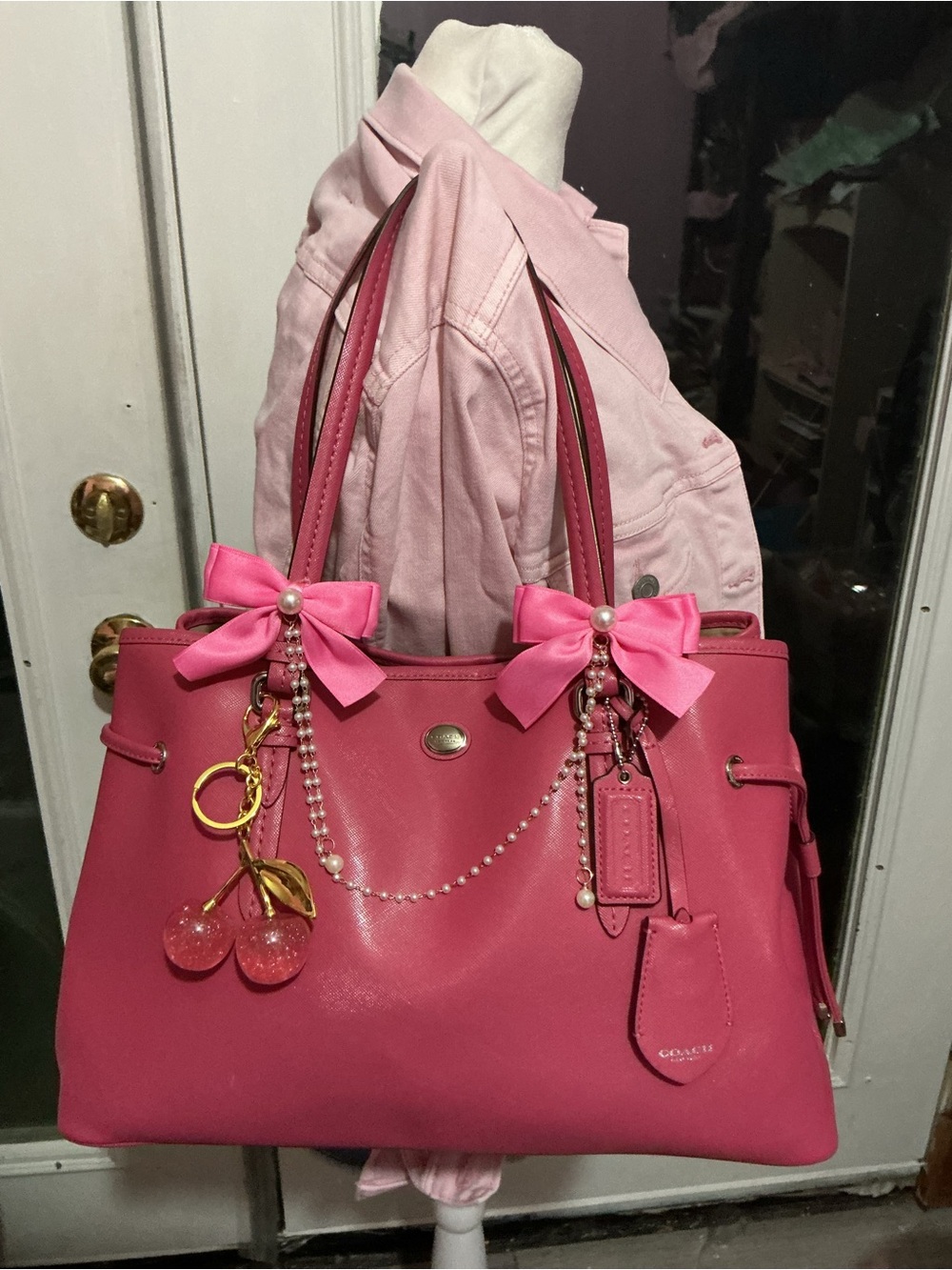 Coach Pink Tote with Bow & Cherry Charm Accents